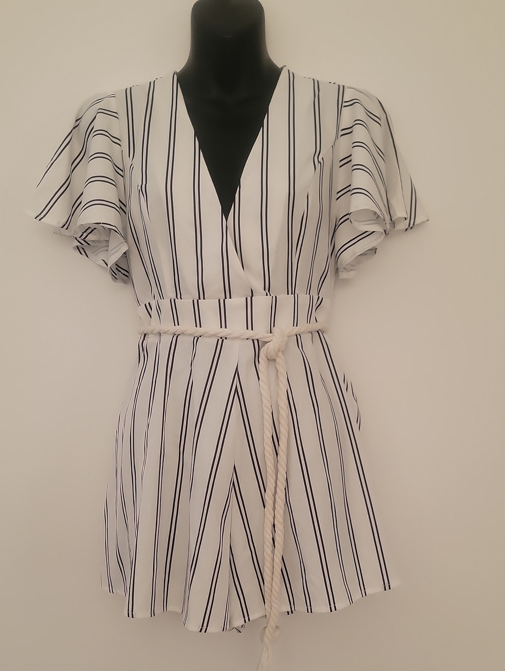 White & Black Striped Wrap Romper with Rope Belt